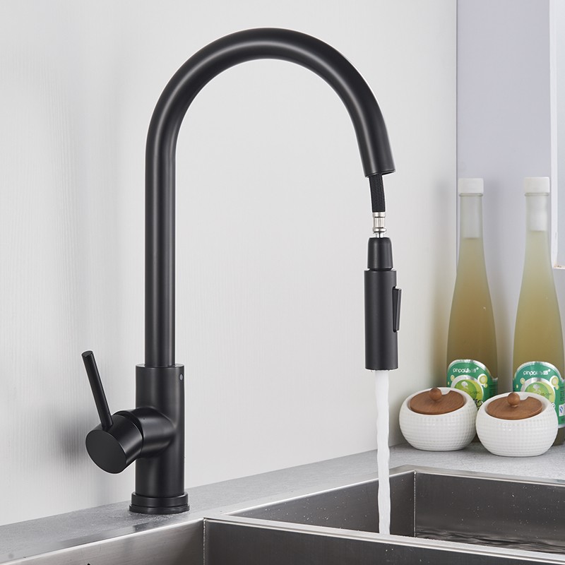 Free Shipping Black Kitchen Faucet Two Function Single Handle Pull Out Mixer Deck Mounted Hot and Cold Water Taps