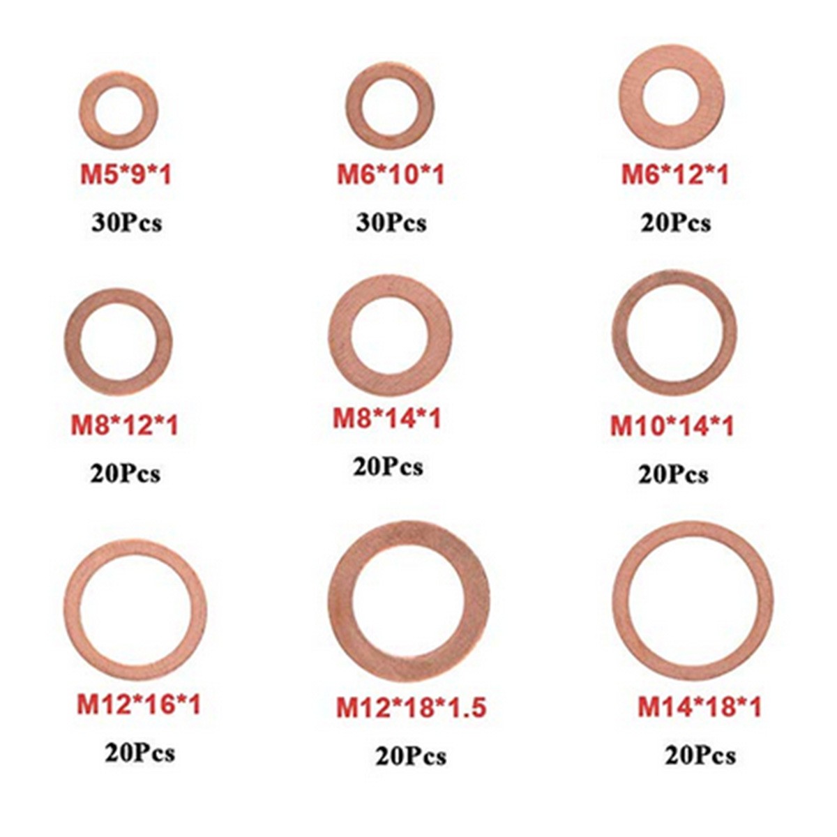 200pcs Copper Washer Gasket Nut and Bolt Flat Ring Set Assortment with Box // M8/M10/M12/M14 for Swamp Sockets