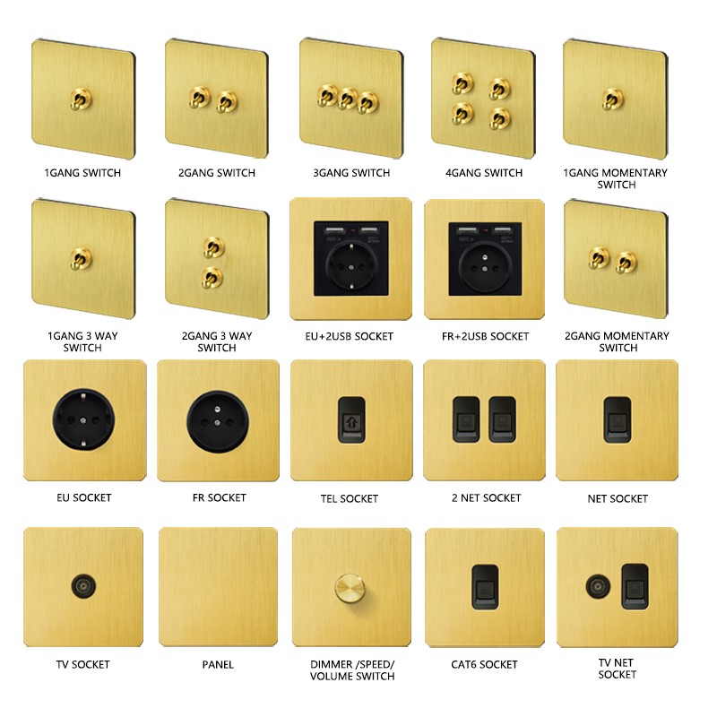 Avoir Gold Wall Light Switch Lever Brass 2 Way Run Off Curtain Momentary Switch Stainless Steel 220V Led Dimmer Usb EU FR Sockets