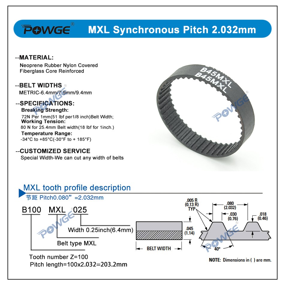 POWGE MXL Synchronous timing belt B105/B106/B107/B108/B109/B110/B111/B112/B113/B114/B115 Width 6.4/9.4mm B105MXL B110MXL B112MXL