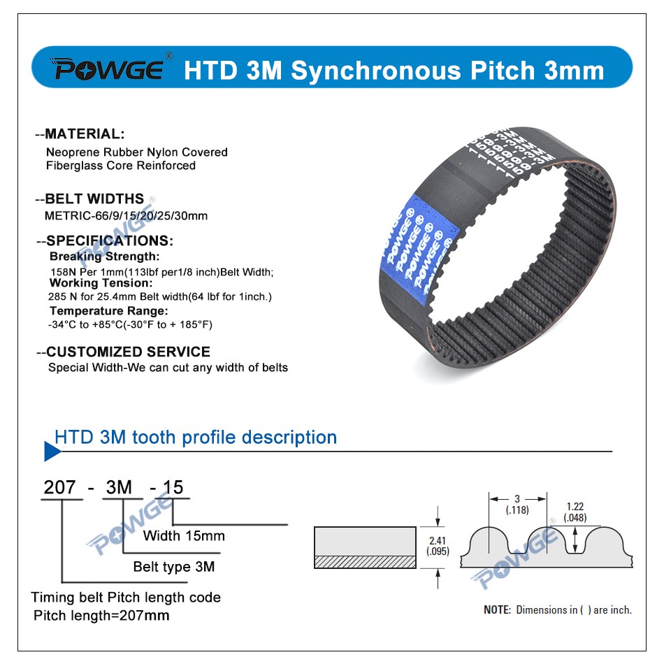 POWGE HTD 3M timing belt pitch length 129/132/135/138/141/144/147/150/153/156mm width 6-30mm 129-3M/135-3M/144-3M/150-3M rubber