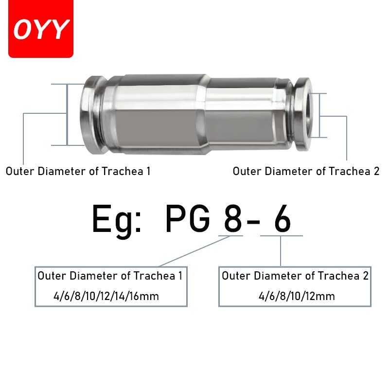 10pcs 304 Stainless Steel Reducer Fittings Straight Trachea Quick Connector PG8-6/10-8/12-6 Pneumatic Fittings