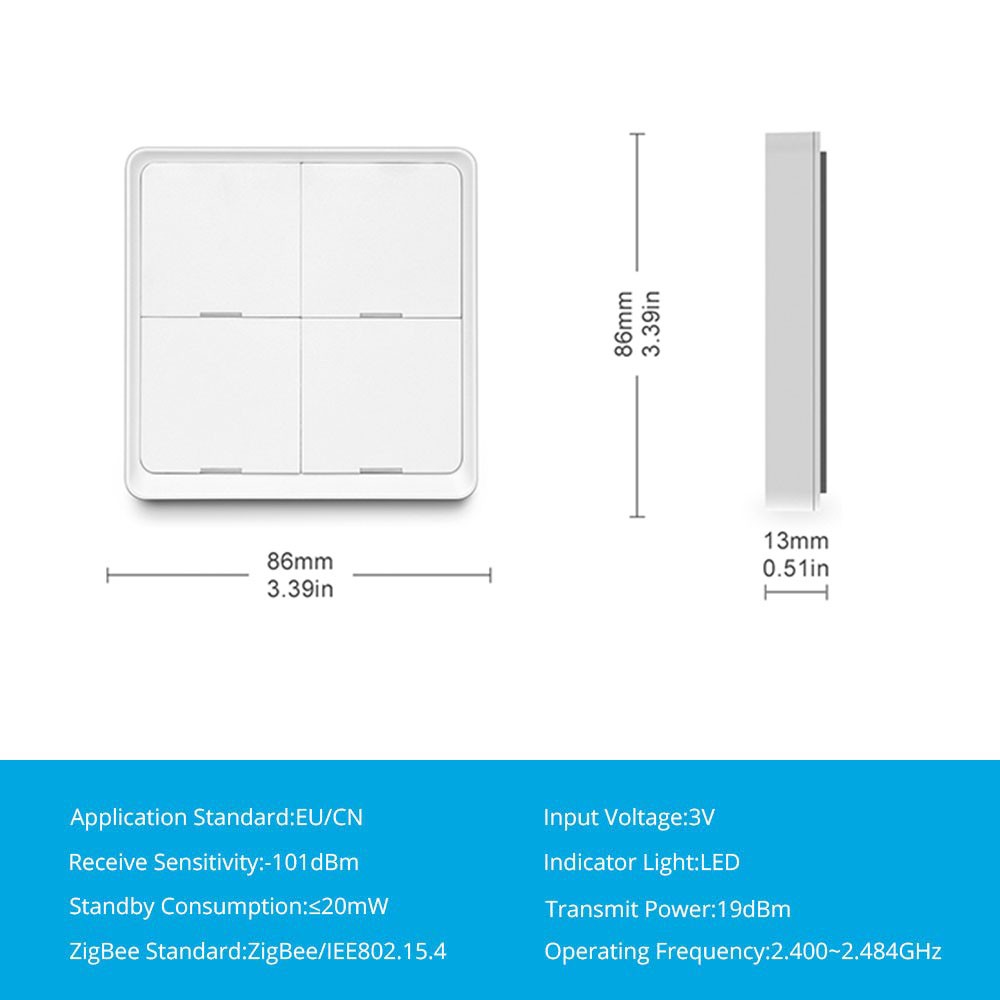 Yagusmart 4 Gang Wireless Switch Tuya Zigbee 3.0 Scene Push Button Switch Work with Zigbee Hub Remote Control Audio Black