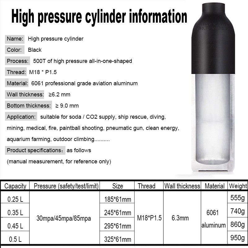 Aeronautic Aluminum Paintball PCP Cylinder Oxygen Tank Compressed Air Bottle without High Pressure Regula 0.25L/0.35L/0.45L/0.5L