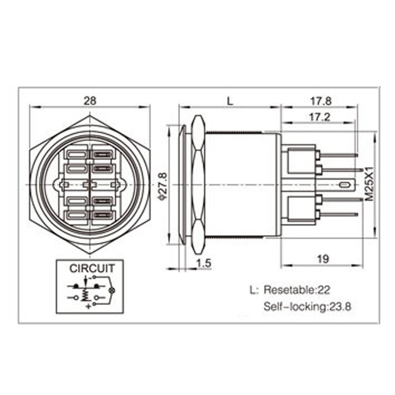 25mm 6V 12V 24V 220V Blue Ring LED Light Momentary/Lock Push Button Switch DPST Metal Industrial Boat Car DIY Switch