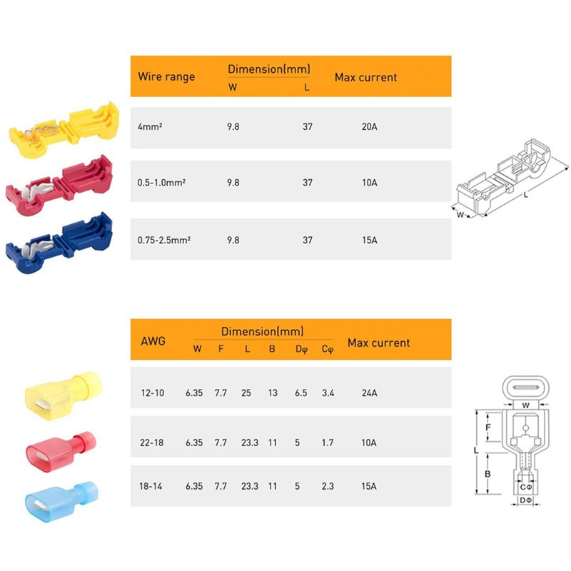 T-Tap Quick Electrical Cable Connectors, Waterproof Electrical Cable Terminals, Snap Lock, Crimp Connector