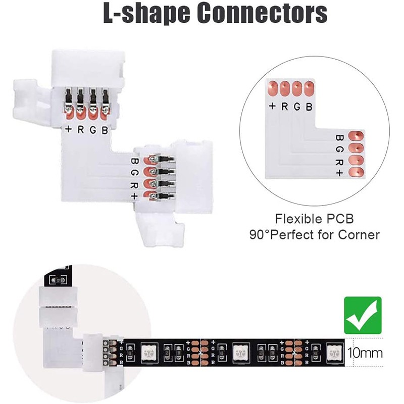 101pcs 4 Pin 10mm Connector Terminal Splice L T I Shape for RGB 5050 LED Strip Jumper Wire Connector Adapter Accessories Kit