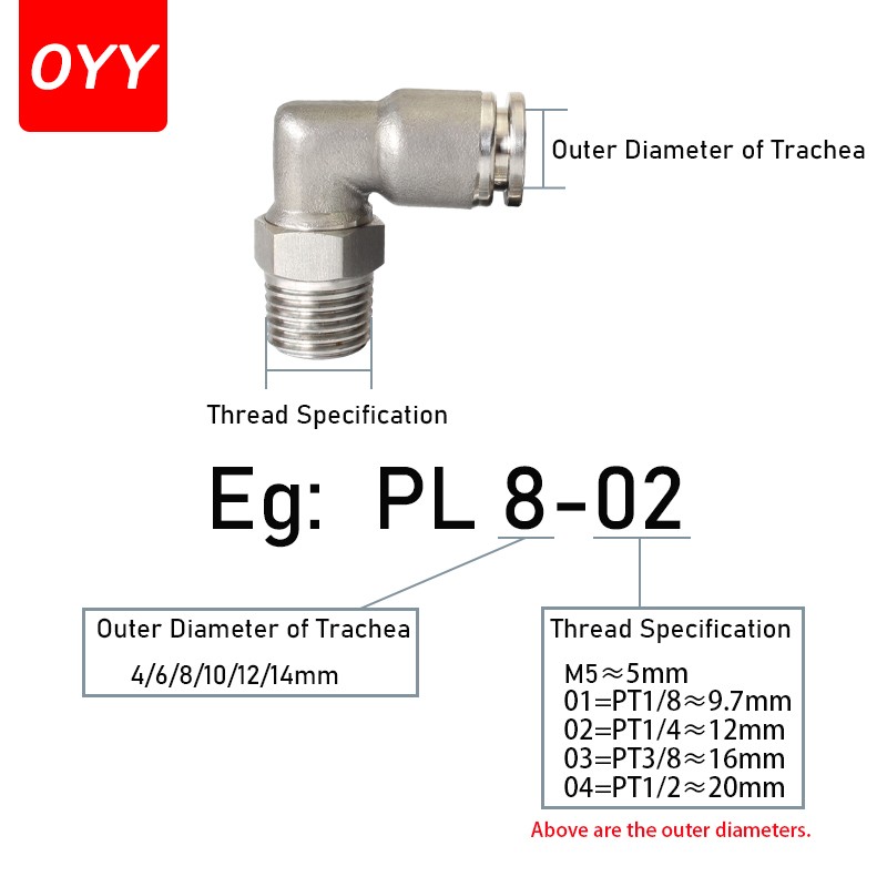 10pcs PL Series 304 Stainless Steel Trachea Quick Connector Plug Threaded Elbow Pneumatic Fittings PL8-02/4-M5/6-01/10-03