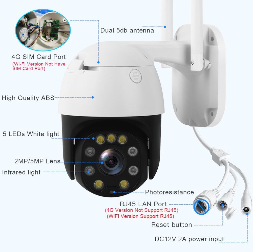 5MP 2MP Wireless 4G Wireless Security Camera 1080P HD 5X Optical Zoom PTZ IP Camera Outdoor Home Security Surveillance CCTV Camera