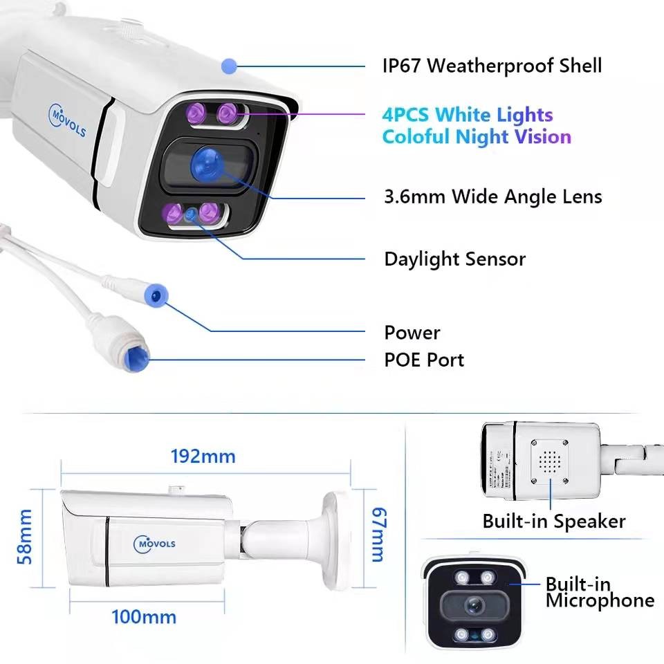 كاميرا مراقبة فيديو Movols POE 4K 8 ميجابكسل 5 ميجابكسل ملونة للرؤية الليلية الأمن اللاسلكية واي فاي في الهواء الطلق CCTV IP NVR نظام سماعات