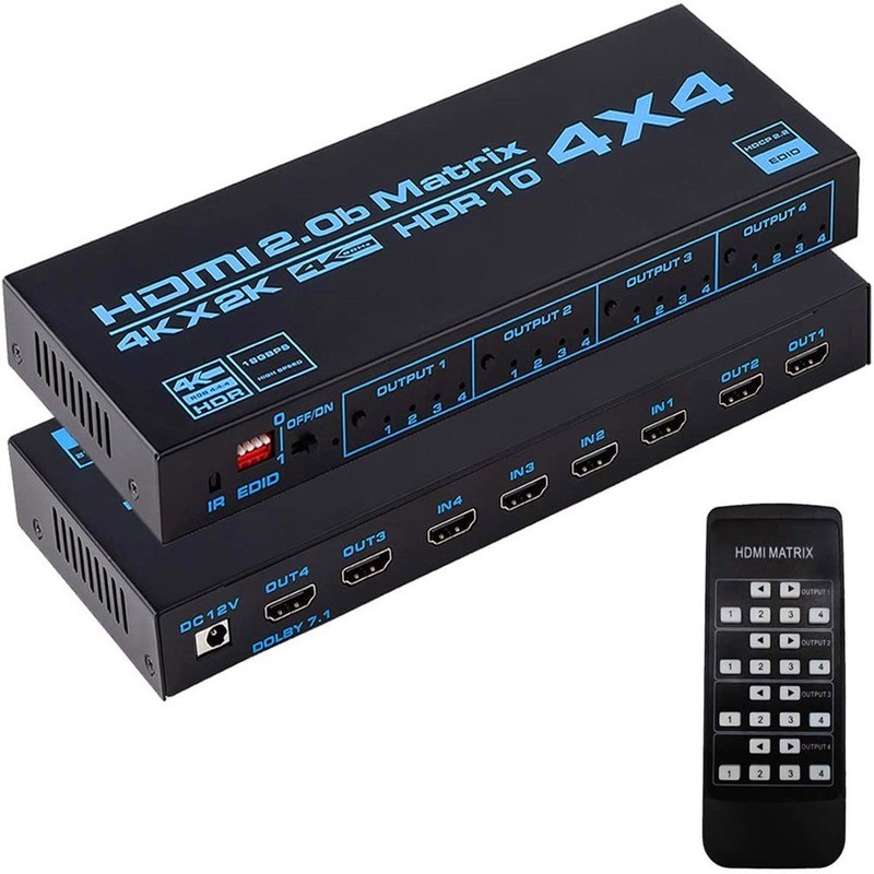 HDMI-compatible Matrix Switch 4x4, 4K Matrix Switcher Splitter 4 in 4 Out-of-Box with EDID Extractor and IR Remote Control