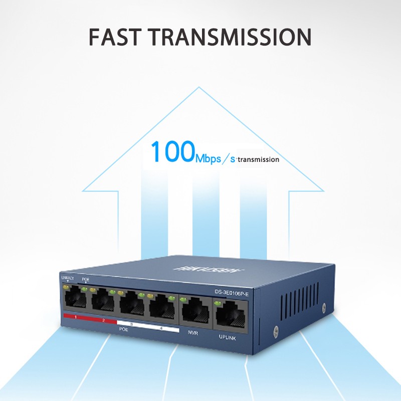 Hikvision 100Mbps Fast Ethernet Unmanaged PoE Switch DS-3E0106P-E(4POE+2CH) and DS-3E0110SP-E(8POE+2CH) RJ45 Port DC 48V Camera