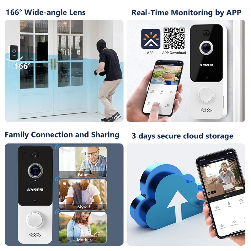 AXNEN T9 Video Doorbell WiFi Outdoor Doorbell Battery Intercom For Smart Home Wireless Door Phone Call With Surveillance Camera