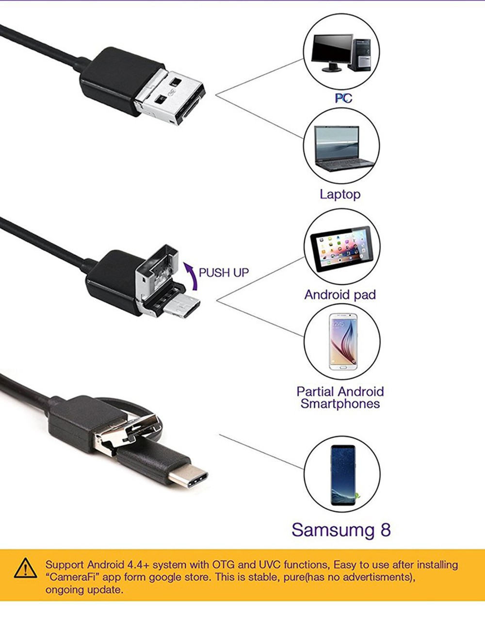 USB Endoscope Type C Borescope for OTG Android Phone Windows PC Macbook 7mm Inspection Snake Camera Waterproof Semi-Rigid Cord