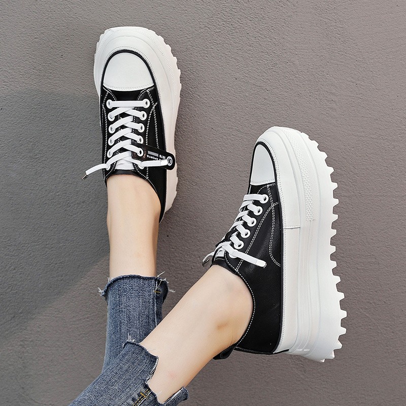 Fujin 5.5cm Genuine Leather Platform Chunky Wedge Shoes Sneaker White Casual Shoes Comfortable Breathable Spring Autumn Shoes