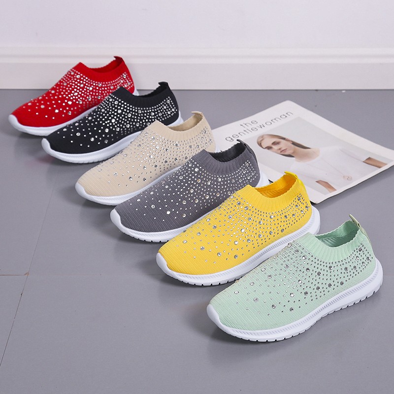 Lucifer Shiny Crystal Knitted Sneakers Women 2022 Spring Breathable Mesh Flats Woman Plus Size Slip On Running Shoes Casual Shoes 43