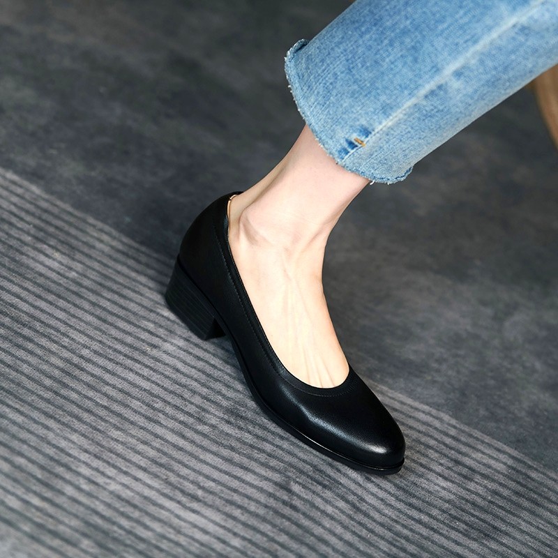 Med Square High Heels Women 2022 New Real Cow Leather Spring Round Toe Girl Black Work Pumps Shoes For Woman A0005