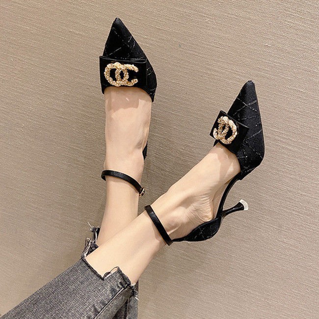 2022 Autumn Spring Women's Pumps New Pointed High Heels Thin Heel Sandals Woman Head Hollow Button Single Shoes