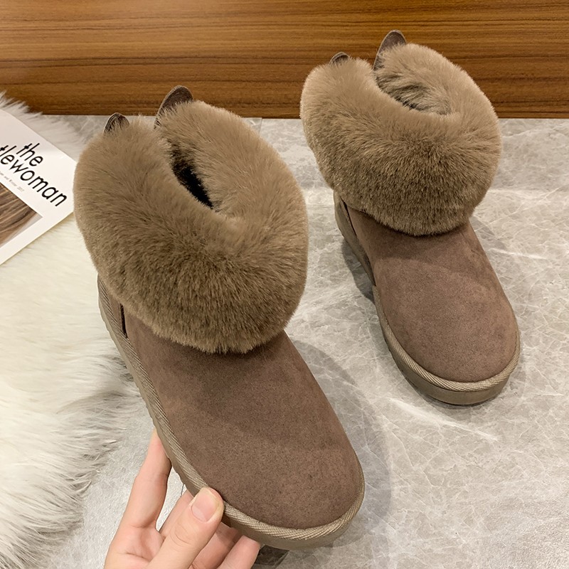 2022 Autumn Winter New Snow Cotton Shoes Cuffs Flat Bottom Short Boots Big Fur Black Warm Velvet Women Boots