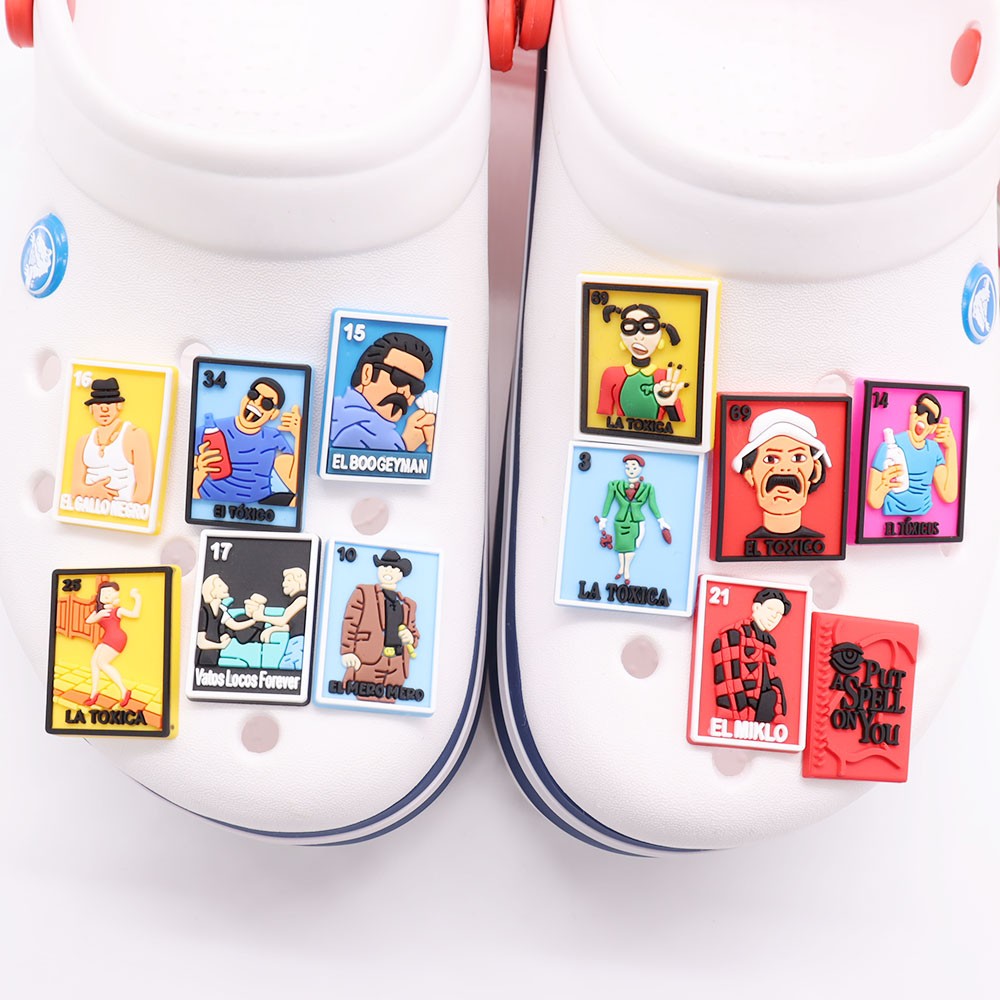 50pcs Mexican Cartoon Cards Shoe Charms Miklo Toxico La Toxica Gallo Negro Miro DIY Wristbands Croc Jibz Buckle Shoe Decoration