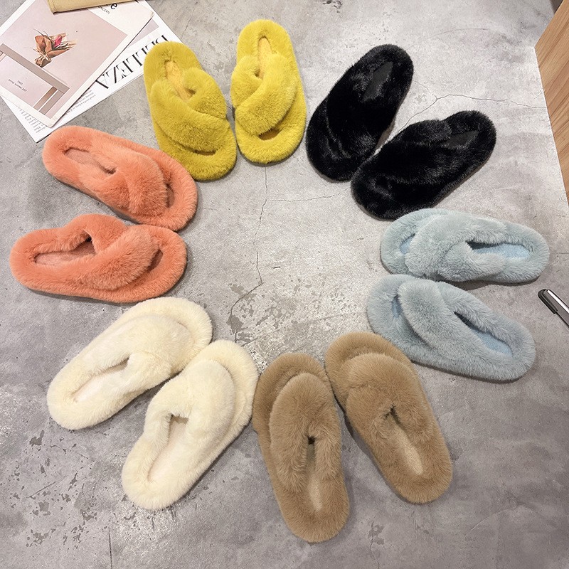 Furry Slippers Fur Slides For Women Faux Fur Sliders Out Keep Warm Shoes Woman Strap Shoes Female Casual Flat Home Shoes