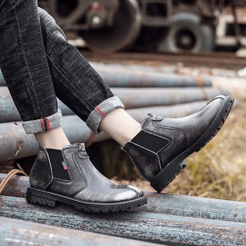 High Quality Men's Leather Chelsea Boots Men's Fashion Rubber Shoesr Non-slip Sole Autumn Casual Shoes Stretch 2021 Spring