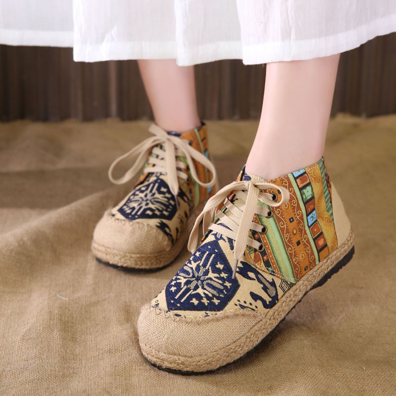 Embroidered Women Shoes Boho Cotton Linen Single Canvas National Woven Round Toe Lace Up Cloth Shoes Woman Flats Size 35-40