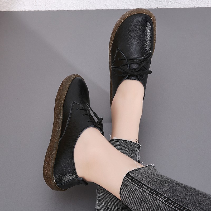 Loafers Ladies Genuine Leather Spring New Lace-up White Shoes Women Fashion Casual Soft Sole Flat Shoes Women Ballet Flats