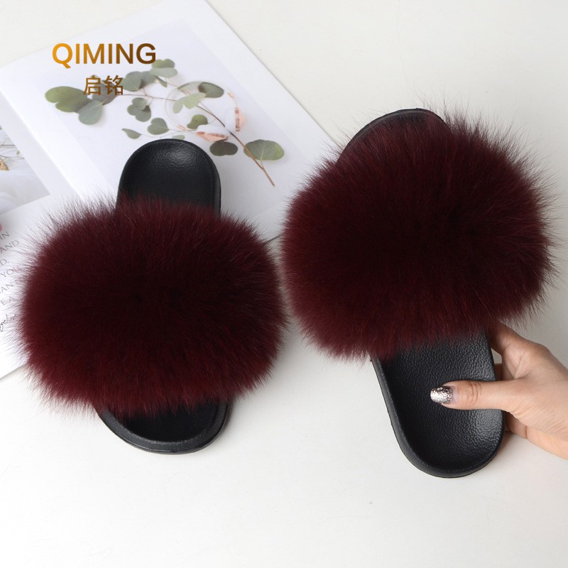 Summer fox fur slippers flat non-slip solid plush home shoes