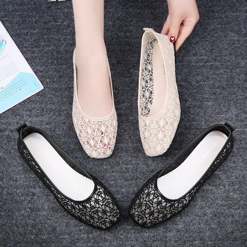 Women Transparent Lace Soft Flats Ladies Square Toe Sexy Black Boat Shoes Summer Breathable Beige Non-slip Flat Shoes 35-40