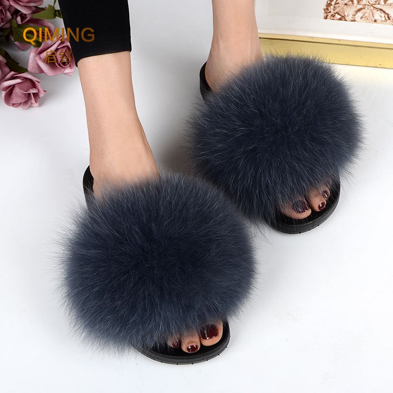 Women Summer Fluffy Fur Slippers Flat Non-slip Solid Real Furry Fur Slides Platform Shoes Plush Fur Sandals Flip Flops Women