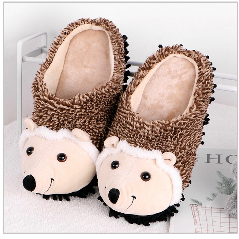 ASILETO-Winter Warm Slippers for Men and Women, Unisex Slippers, Round Toe, Cute Hedgehog, Large Size 35-43, Brown, Indoor Home F999