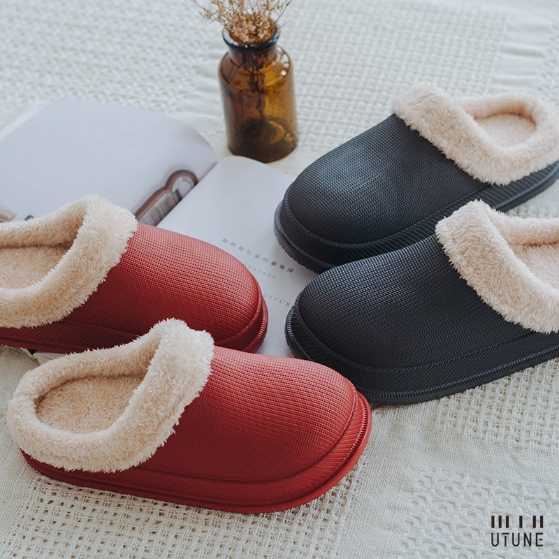 UTUNE Winter Slippers Men Shell Mules Waterproof EVA Indoor Plush Warm Shoes Women Anti-slip Garden Home Slippers Thick Solid