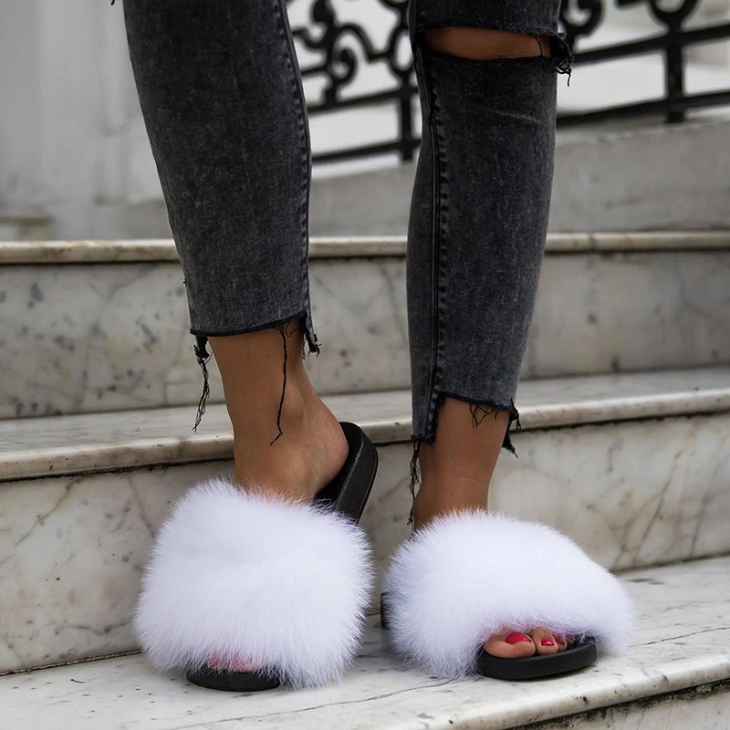 Women Fox Shoes Fur Slippers Real Fox Fur Slides Home Furry Flat Sandals Female Cute Wholesale House Shoes Woman Luxury Brand Ho