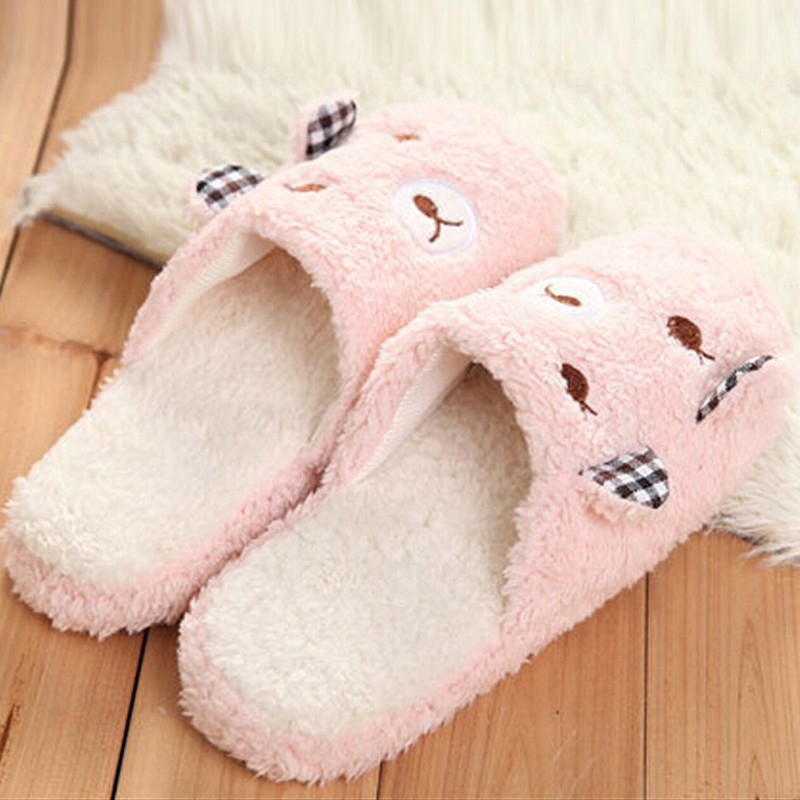 Women Plush Short Winter Slippers Cotton Bear Flat Shoes Home Bedroom Home Soft Velvet