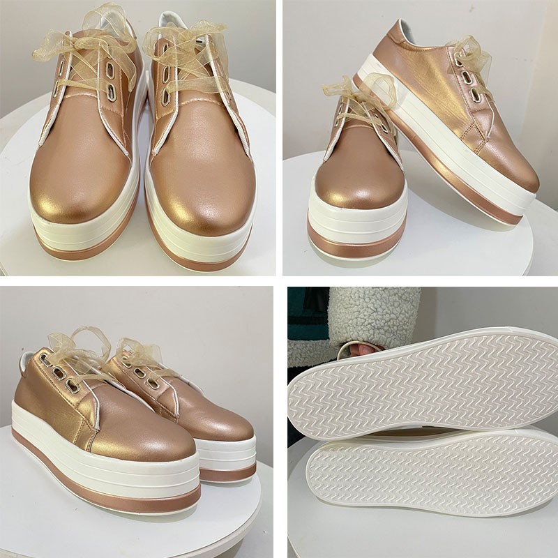 Rimocy Shiny PU Leather Thick Bottom Sneakers Woman Plus Size 43 Lace Up Platform Shoes Women Gold Silver Flats Zapatos De Mujer