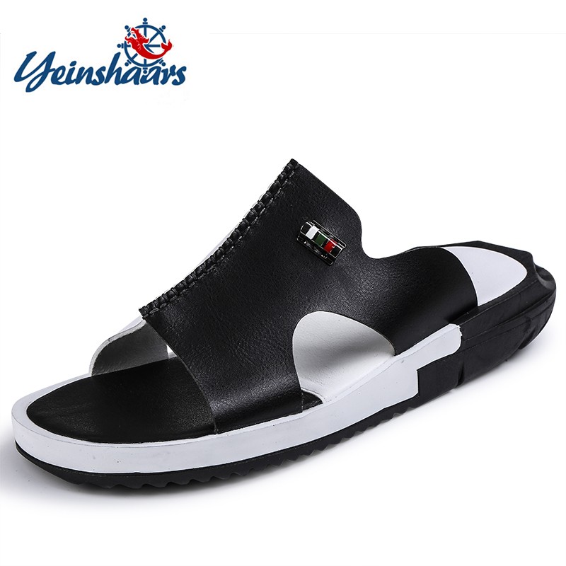 YEINSHAARS Sandals Men Summer Slippers Fashion Peep Toe PU Flip Flops Male Shoes Outdoor Non-slip Flat Beach Slides Plus Size