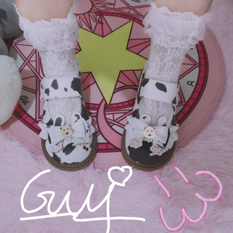 Kawaii Cow Print Girls Mary Janes 2022 Japanese Style Patchwork PU Bow Lolita Spring Shoes Black White Lace Zapatillas Mujer