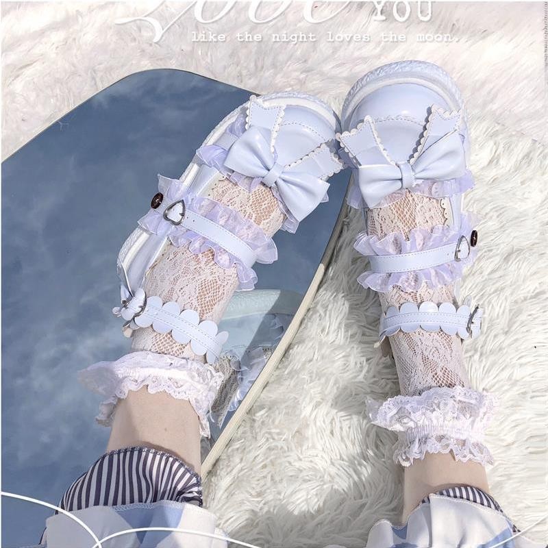 Girls Beautiful Mary Janes Lace Patchwork Buckle Fashion Women's Shoes Japanese Style Lolita Shoes Cute Bow Zapatillas Mujer
