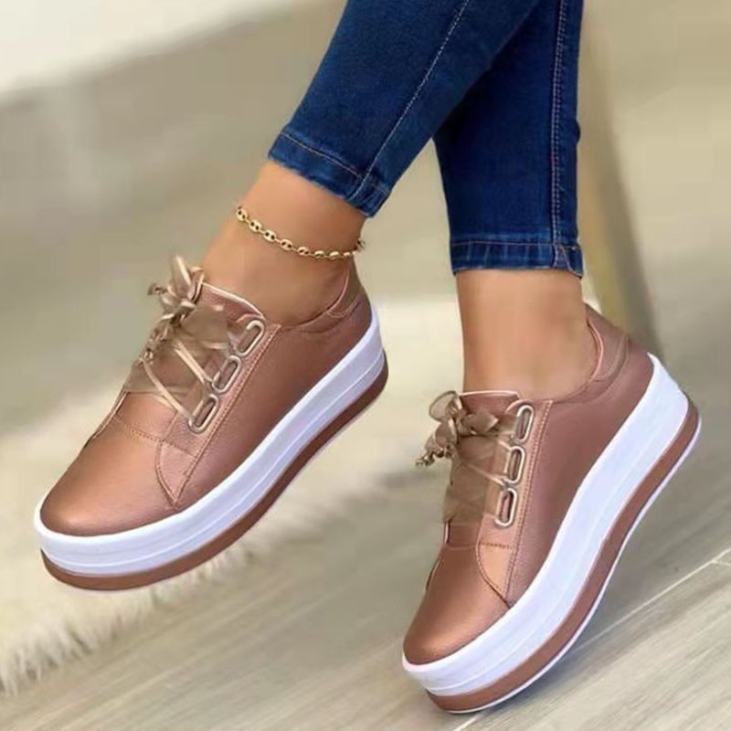 Rimocy Plus Size Thick Bottom Sneakers Casual Woman Lace Up Platform Shoes Women Gold Silver Round Toe Flat Shoes Ladies 43