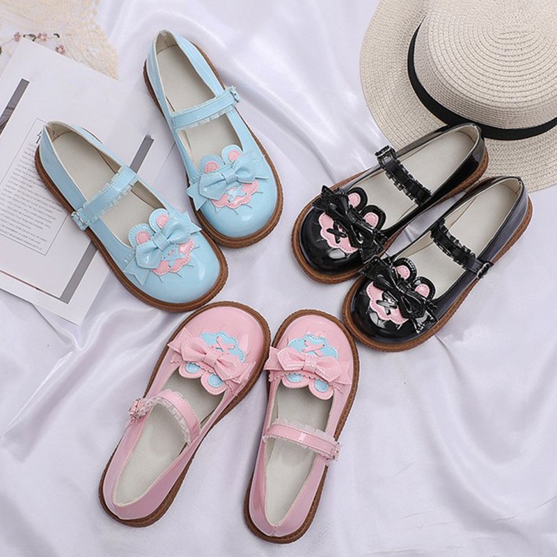 Rimocy Sweet Bowtie Mary Jane Shoes For Women Patchwork Lace Ankle Strap Flats Woman Patent Leather Lovely Lolita Platform Shoes