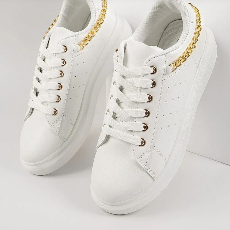 2021 autumn new sneakers women round head thick bottom front lace up big metal chain white single shoes