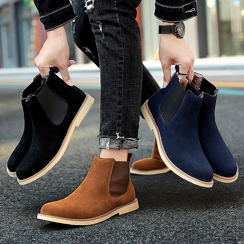 Chelsea Mens Boots 2021 Winter Fur Warm Ankle Blue Slip On Boots High Quality Genuine Leather Man Leisure Boots Male Botas