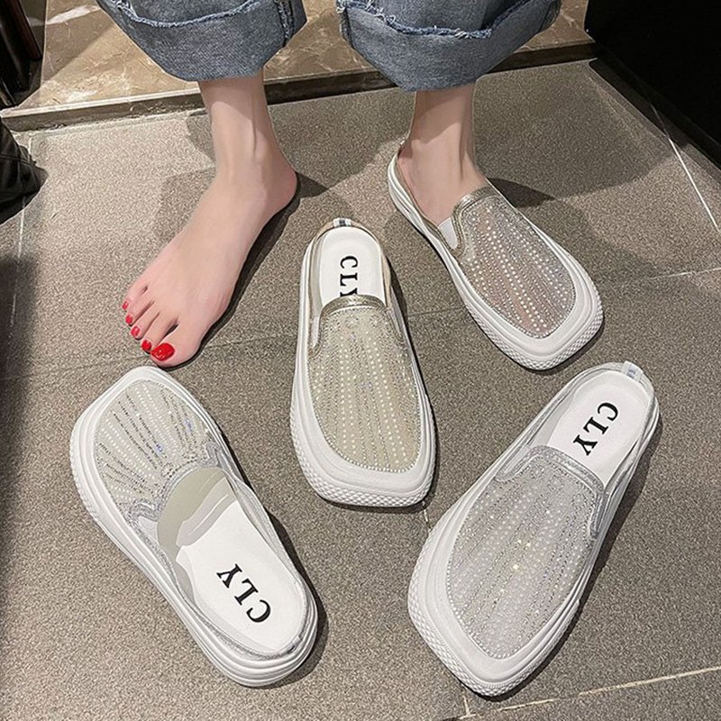 Rimocy Crystal Breathable Mesh Mules Shoes Women Summer Comfort Soft Bottom Platform Shoes Woman Square Toe Non-slip Beach Shoe