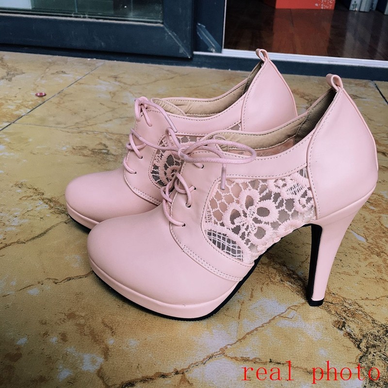 REAVE CAT 2022 Romantic Ladies Knitted Pumps Mesh Lace Up Pointed Toe Platform 11cm Cap Spike Heel US12 Pink White Black A4372