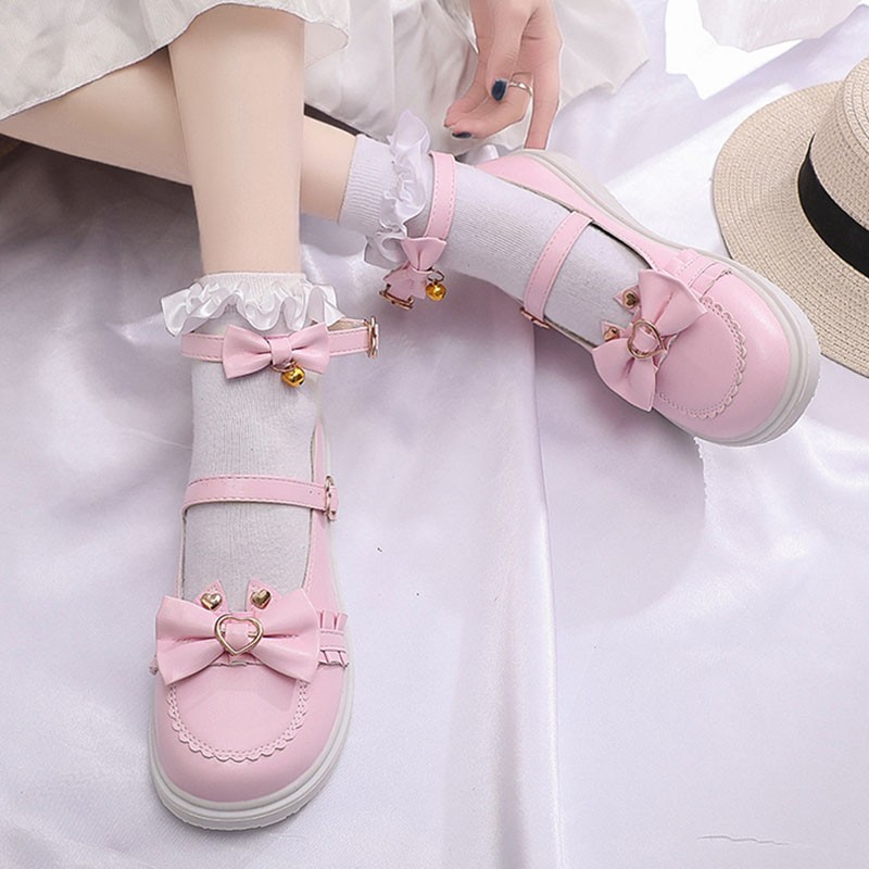 Rimocy Lovely Heart Buckle Lolita Shoes Women Ankle Strap Sweet Lace-up Woman PU Leather Comfot Soft Sole Mary Jane Shoes