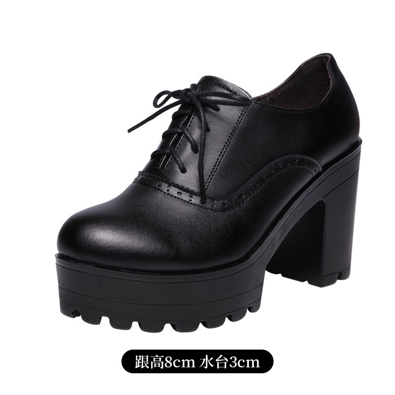 High Heel Shoes Show Women Single Shoes Thick Heel Plush Lace Up Thick Soled Leather Shoes Women's Shoes Zapatos De Mujer