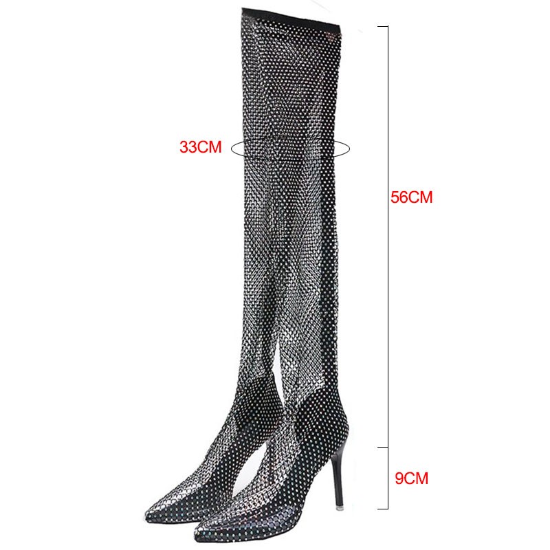 rhinestone over the knee bling summer female sexy thigh high heels crystal sock long boots mesh shoes for women 2021 diamond pump