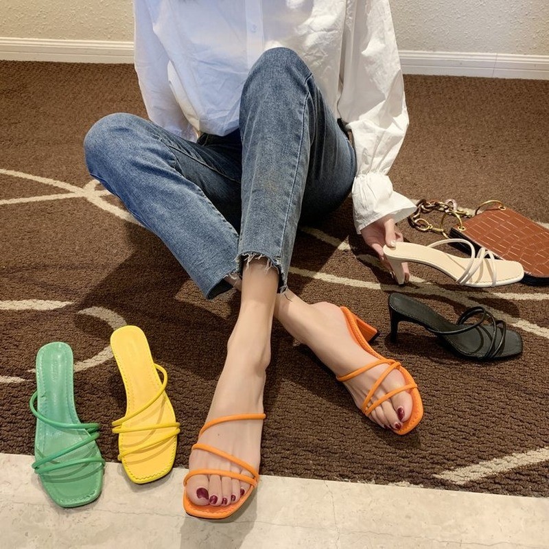 Yellow Green Summer Women Square Toe Sandals Ladies Snake Print Strappy Mules 6cm High Heels Slippers Female Fashion Women Shoes