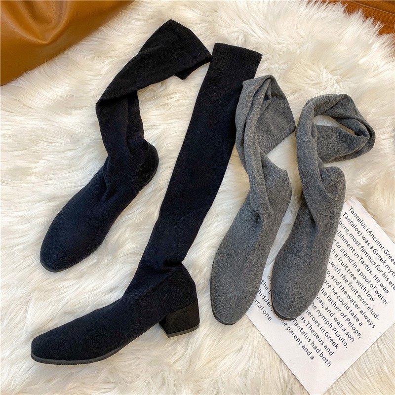 Women Over The Knee Sock Boots Knitting Sock Boots Pointed Toe Elastic Slim Female Thigh High Boots Flat Botas De Mujer Boots